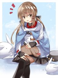 Rule 34 | 1girl, black hat, blue shawl, brown eyes, brown hair, fathom, fingerless gloves, fur hat, gloves, hair ornament, hairclip, hat, highres, kantai collection, papakha, rabbit, shawl, simple background, solo, star (symbol), tashkent (kancolle), twintails