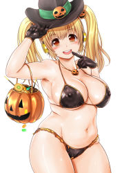 Rule 34 | 1girl, areola slip, armpits, bikini, blonde hair, blush, breasts, candy, cleavage, covered erect nipples, finger to mouth, food, food-themed hair ornament, ganari ryuu, gloves, hair ornament, halloween, hat, headphones, highres, huge breasts, jack-o&#039;-lantern, large breasts, lollipop, looking at viewer, navel, nitroplus, open mouth, orange eyes, plump, pumpkin, pumpkin hair ornament, short hair, sketch, smile, solo, super pochaco, sweets, swimsuit, twintails, witch hat
