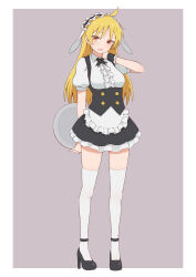 Rule 34 | 1girl, absurdres, ahoge, apron, black footwear, blonde hair, bocchi the rock!, full body, hand on own neck, high heels, highres, holding, holding behind back, holding tray, ijichi seika, long hair, maid, maid apron, maid headdress, open mouth, red eyes, solo, thighhighs, tray, white thighhighs, wrist cuffs, zephda