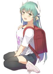 Rule 34 | 1girl, :d, absurdres, alternate costume, aqua hair, backpack, bag, between legs, black shorts, black thighhighs, blush, breasts, casual, clothes writing, fate/grand order, fate (series), from side, hand between legs, highres, horns, kiyohime (fate), long hair, looking at viewer, looking to the side, medium breasts, open mouth, polka dot footwear, randoseru, shirt, shoes, short shorts, short sleeves, shorts, simple background, sitting, smile, solo, straight hair, thighhighs, unmoving pattern, very long hair, wariza, white background, white shirt, xkirara39x, yellow eyes