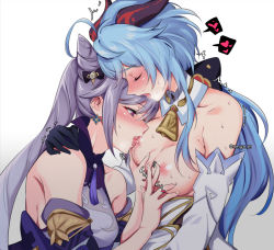 Rule 34 | 2girls, ahoge, arm around neck, bare shoulders, bell, black gloves, blue hair, blush, breasts, breasts out, closed eyes, cone hair bun, cowbell, detached sleeves, dress, earrings, ganyu (genshin impact), genshin impact, gloves, goat horns, grabbing, grabbing another&#039;s breast, hair bun, heart, horns, jewelry, keqing (genshin impact), licking, licking nipple, long hair, long sleeves, medium breasts, multiple girls, neck bell, negom, nipple stimulation, nipples, open mouth, purple dress, purple hair, saliva, spoken heart, sweat, upper body, white background, yuri