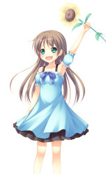 Rule 34 | 1girl, absurdres, blue bow, blue dress, blush, bow, brown hair, dress, flower, green eyes, highres, holding, holding flower, long hair, looking at viewer, open mouth, original, psyche3313, smile, solo, sunflower, teeth