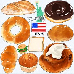 Rule 34 | american flag, bread, bread slice, burger, croissant, dessert, doughnut, food, food focus, highres, icing, miri illust, muffin, no humans, original, pastry, statue of liberty