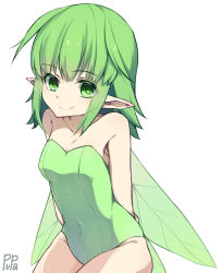 Rule 34 | 1girl, arms behind back, artist name, bare shoulders, black souls, breasts, cleavage, closed mouth, collarbone, colored eyelashes, covered navel, eyes visible through hair, fairy, fairy wings, green eyes, green hair, green leotard, green wings, highres, leaf (black souls), leotard, looking at viewer, medium breasts, pointy ears, pupa jiang, short hair, simple background, smile, solo, strapless, strapless leotard, white background, wings