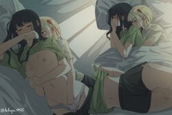 Rule 34 | between thighs, black hair, black shorts, blonde hair, blush, breasts, chinese commentary, closed eyes, commentary request, covering privates, covering breasts, ear blush, fafayu, fingering, grabbing, grabbing another&#039;s breast, green shirt, hair ribbon, hand in another&#039;s panties, highres, holding another&#039;s wrist, hug, hug from behind, inoue takina, long hair, lycoris recoil, midriff, navel, nipples, nishikigi chisato, one side up, orange eyes, panties, parted lips, red ribbon, ribbon, sex, shirt, short hair, short sleeves, shorts, small breasts, twitter username, under covers, underwear, white panties, white shirt, yuri