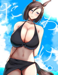 Rule 34 | ..., 1girl, absurdres, air groove (umamusume), animal ears, arms behind back, bare shoulders, bikini, black bikini, black choker, black sarong, blue eyes, blue sky, blush, bow, breasts, brown hair, choker, cleavage, closed mouth, cloud, collarbone, commentary request, cowboy shot, day, ear bow, ear ornament, eyeshadow, frown, groin, hair between eyes, highres, horse ears, horse girl, horse tail, huge breasts, looking to the side, makeup, megao 3rd, navel, ocean, outdoors, red eyeshadow, sarong, short hair, sidelocks, sky, solo, spoken ellipsis, standing, stomach, sweat, swimsuit, tail, umamusume