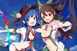 Rule 34 | 2girls, ahoge, black bra, black hat, black panties, black wings, blue hair, blue skirt, blue sky, bow, bowler hat, bowtie, bra, breasts, brooch, brown hair, cleavage, clothes pull, day, fang, flying, food, frilled shirt, frills, fruit, gem, green bow, green skirt, hair bow, hand gesture, hat, heart, heart hands, hinanawi tenshi, jewelry, leaning forward, long hair, looking at viewer, midriff, multiple girls, navel, open clothes, open shirt, outstretched arms, panties, peach, puffy short sleeves, puffy sleeves, red bow, red bowtie, red eyes, red gemstone, reiuji utsuho, shirt, short sleeves, skirt, skirt pull, sky, stomach, tareme, tetsurou (fe+), tooth, touhou, underwear, very long hair, water, water drop, white shirt, wings, yellow bow