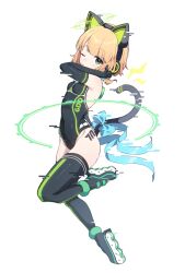 Rule 34 | 1girl, absurdres, animal ear headphones, animal ears, black footwear, black gloves, black leotard, black thighhighs, blonde hair, blue archive, cat tail, elbow gloves, fake animal ears, gloves, green eyes, green halo, groin, halo, headphones, highres, juliahsl, leotard, looking at viewer, midori (blue archive), one eye closed, shoes, short hair, simple background, solo, tail, thighhighs, tongue, tongue out, white background
