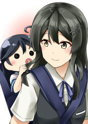 Rule 34 | 10s, 2girls, ahoge, artist name, baby, black hair, blue ribbon, blush, buttons, commentary request, grabbing another&#039;s hair, hair ornament, hairclip, highres, kamelie, kantai collection, long hair, looking back, multiple girls, neck ribbon, one-hour drawing challenge, oyashio (kancolle), pacifier, ribbon, school uniform, serafuku, shirt, short sleeves, simple background, smile, ushio (kancolle), vest, white shirt, aged down