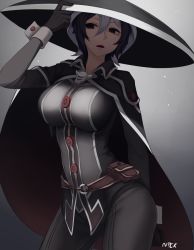 Rule 34 | 1girl, artist name, belt, belt pouch, black cape, black eyes, black gloves, black hair, breasts, cape, commentary, contrapposto, cowboy shot, english commentary, gloves, gradient background, grey hair, hair between eyes, hand on headwear, highres, large breasts, made in abyss, multicolored hair, no pupils, nyxkz, o-ring, open mouth, ozen, pouch, short hair, simple background, solo, streaked hair, two-tone hair, wrist cuffs