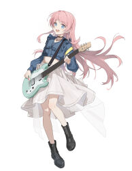 Rule 34 | 1girl, absurdres, bang dream!, bang dream! it&#039;s mygo!!!!!, black choker, black footwear, blue eyes, blue jacket, chenmu sora, chihaya anon, choker, commentary, cropped jacket, earrings, electric guitar, full body, guitar, highres, holding, holding instrument, holding plectrum, instrument, jacket, jewelry, long hair, long sleeves, looking at viewer, midriff, music, necklace, open mouth, pink hair, playing instrument, plectrum, shoes, simple background, smile, solo, standing, standing on one leg, tachi-e, teeth, upper teeth only, very long hair, white background