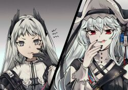 Rule 34 | 2girls, arknights, black headwear, black jacket, black nails, blood, blood on face, breasts, capelet, cleavage cutout, clothing cutout, grey background, grey eyes, grey hair, hair between eyes, hand to own mouth, hand up, hat, highres, irene (arknights), jacket, licking lips, long hair, long sleeves, medium breasts, multiple girls, nail polish, parted lips, pokarii zuu, red eyes, sharp teeth, specter (arknights), specter the unchained (arknights), teeth, tongue, tongue out, upper body, white capelet