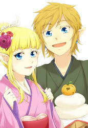 Rule 34 | 1boy, 1girl, alternate costume, bad id, bad pixiv id, blonde hair, blue eyes, couple, earrings, flower, food, fruit, hair flower, hair ornament, hair up, japanese clothes, jewelry, kimono, link, long hair, looking at viewer, nintendo, open mouth, pointy ears, princess zelda, saiba (henrietta), short hair, simple background, smile, the legend of zelda, the legend of zelda: skyward sword, white background, yukata