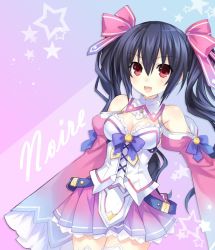 Rule 34 | 10s, 1girl, :d, alternate costume, bare shoulders, black hair, blush, breasts, character name, cleavage, gradient background, hair ribbon, long hair, neptune (series), noire (neptunia), official art, open mouth, pleated skirt, red eyes, ribbon, skirt, sleeves past wrists, smile, solo, star (symbol), tsunako, twintails