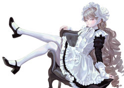 Rule 34 | black dress, blonde hair, bonnet, chair, dress, expressionless, fkey, frills, from side, hair drill, heels, kuudere, lolita fashion, long hair, maid, orange eyes, pantyhose, simple background, sitting sideways, solo, very long hair, white background, white pantyhose, white tights