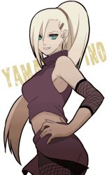 Rule 34 | 1girl, blonde hair, breasts, earrings, female focus, fishnets, green eyes, hair ornament, hairclip, hand on own hip, hip focus, jewelry, long hair, naruto, naruto (series), noro (king), ponytail, smile, solo, white background, yamanaka ino