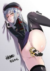 Rule 34 | 1girl, beret, blunt bangs, blush, bottomless, breasts, censored, facial mark, girls&#039; frontline, gloves, green eyes, hair ornament, hat, hiruno, hk416 (girls&#039; frontline), jacket, leg up, long hair, looking at viewer, lying, military jacket, novelty censor, on side, silver hair, solo, spread legs, teardrop, thighhighs, thighs