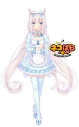 Rule 34 | 1girl, :o, animal ear fluff, animal ear legwear, animal ears, apron, bell, blue bow, blue bowtie, blue dress, blue eyes, blue footwear, blunt bangs, blush, bow, bowtie, breasts, cat ear legwear, cat ears, cat girl, cat tail, chestnut mouth, cleavage cutout, clothing cutout, commentary, crossed legs, dress, english commentary, frilled apron, frilled dress, frills, full body, hair ribbon, jingle bell, juliet sleeves, logo, long hair, long sleeves, looking at viewer, low twintails, maid headdress, name tag, neck bell, nekopara, official art, puffy sleeves, ribbon, sayori (neko works), shoes, simple background, slit pupils, small breasts, solo, tail, thighhighs, twintails, vanilla (nekopara), very long hair, waist apron, watson cross, white background, white hair, white ribbon, white thighhighs, zettai ryouiki