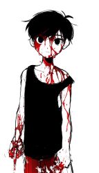 Rule 34 | 1boy, antenna hair, arms at sides, bare arms, black eyes, black hair, black tank top, blood, blood on arm, blood on clothes, blood on face, blood on hands, bloody knife, closed mouth, collarbone, expressionless, hair behind ear, highres, holding, holding knife, knife, no pupils, omori, omori (omori), short hair, shorts, solo, spot color, strap slip, striped clothes, striped shorts, tank top, thxzmgn, vertical-striped clothes, vertical-striped shorts