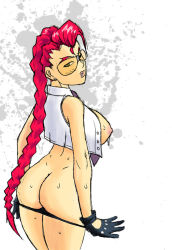 Rule 34 | 1girl, ass, braid, breasts, capcom, crimson viper, gloves, large breasts, looking back, nipples, no bra, open clothes, open shirt, panties, panty pull, red hair, shirt, single braid, solo, street fighter, street fighter iv (series), sunglasses, sweat, underwear