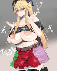 Rule 34 | 1girl, absurdres, bare shoulders, belt, black thighhighs, blonde hair, blush, breasts, closed mouth, collarbone, cosplay, curvy, gradient background, hair between eyes, headwear request, hecatia lapislazuli, hecatia lapislazuli (cosplay), highres, huge breasts, junko (touhou), kedamono kangoku-tou, lactation, large areolae, long hair, looking at viewer, mature female, navel, nipples, no bra, red eyes, skindentation, skirt, smile, solo, thighhighs, touhou, translation request