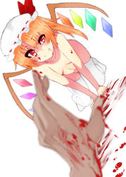 Rule 34 | 1girl, bad end, bad id, bad pixiv id, blonde hair, blood, blurry, depth of field, flandre scarlet, flat chest, hat, hat ribbon, hetero, jont, nude, peril, pov, red eyes, ribbon, short hair, smile, thighhighs, touhou, uneven eyes, white thighhighs, wings