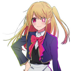 Rule 34 | 1girl, absurdres, black sweater vest, blonde hair, blue jacket, blush, bow, bowtie, closed mouth, collared shirt, commentary request, cowboy shot, cropped jacket, dress shirt, eastman, floating hair, grey skirt, hair between eyes, hand on own hip, highres, hoshino ruby, jacket, long hair, long sleeves, making-of available, no pupils, one side up, open clothes, open jacket, oshi no ko, pink bow, pink bowtie, pink eyes, school uniform, shadow, shirt, sidelocks, simple background, skirt, smile, solo, star-shaped pupils, star (symbol), sweater vest, symbol-shaped pupils, white background, white shirt, youtou high school uniform