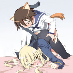 Rule 34 | 00s, 1futa, 1girl, 212 (kisaragi), animal ears, bed sheet, blonde hair, blush, brown hair, cat ears, cat tail, closed eyes, clothed sex, cum, cum in pussy, cum on ass, detexted, doggystyle, ejaculation, flat chest, futa with female, futanari, glasses, heavy breathing, miyafuji yoshika, open mouth, pantyhose, penis, perrine h. clostermann, sex, sex from behind, sheet grab, strike witches, tail, tail wrap, third-party edit, top-down bottom-up, torn clothes, torn legwear, trembling, vaginal, world witches series, yellow eyes