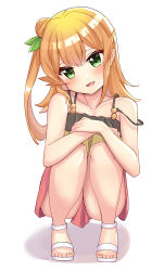 Rule 34 | 1girl, :d, absurdres, ao (flowerclasse), bare arms, bare shoulders, blonde hair, blush, camisole, collarbone, commentary request, full body, green eyes, green ribbon, hair between eyes, hair bun, hair ribbon, head tilt, highres, hinatsuki mikan, knees up, long hair, machikado mazoku, one side up, open mouth, pink skirt, ribbon, sandals, shadow, side bun, single hair bun, single side bun, skirt, smile, solo, squatting, strap slip, white background, white footwear, yellow camisole