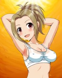 Rule 34 | 1girl, absurdres, armpits, arms behind head, arms up, blonde hair, blush, bra, breasts, collarbone, covered erect nipples, highres, idolmaster, idolmaster cinderella girls, large breasts, light rays, looking at viewer, manabe itsuki, midriff, ponytail, presenting armpit, red eyes, sidelocks, signature, smile, sparkle, sports bra, stained clothes, sun, sunbeam, sunlight, sweat, sweaty clothes, turning head, underwear, upper body, vzmk2, yellow background