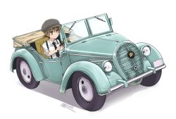 Rule 34 | 1girl, brown eyes, brown hair, cabbie hat, car, commentary, convertible, driving, hat, highres, imperial japanese army, kurogane type 95, military, military vehicle, motor vehicle, necktie, original, short hair, signature, simple background, sleeves rolled up, smile, solo, suspenders, tokihama jirou, vehicle focus, white background, world war ii