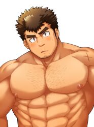 Rule 34 | 1boy, abs, bad id, bad pixiv id, bara, blush, brown hair, facial hair, goatee, goatee stubble, large pectorals, long sideburns, looking at viewer, male focus, muscular, muscular male, nipples, nude, obliques, oskn tengoku, parted lips, pectorals, scar, short hair, sideburns, solo, sparse chest hair, strongman waist, stubble, takabushi kengo, thick eyebrows, tokyo houkago summoners, upper body