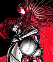 Rule 34 | 1girl, ass, black bodysuit, bodysuit, breasts, cape, fate/grand order, fate (series), hand on own hip, highres, large breasts, long hair, looking at viewer, maabo harusame, oda nobunaga (fate), oda nobunaga (maou avenger) (fate), red cape, red eyes, red hair, shaded face, simple background, solo, upper body, white background
