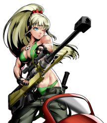 Rule 34 | 1girl, anti-materiel rifle, bikini, blonde hair, blue eyes, breasts, cleavage, dragunov (metal slug), gun, large breasts, long hair, metal slug, metal slug attack, military, muscular, muscular female, official art, one eye closed, open fly, rifle, scar, scar across eye, scar on face, solo, swimsuit, transparent background, unbuttoned, weapon