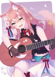 Rule 34 | 1girl, acoustic guitar, animal ear fluff, animal ears, black shirt, blush, brown gloves, commentary request, commission, crescent, crescent moon, flower, gloves, green eyes, guitar, hair flower, hair ornament, hikawa shou, hizuki rurufu, holding, holding instrument, holding plectrum, instrument, crossed legs, looking at viewer, midriff, moon, music, navel, open mouth, playing instrument, plectrum, shirt, signature, skeb commission, skirt, sleeveless, sleeveless shirt, smile, snack nili, solo, tail, virtual youtuber, white flower, white skirt, wolf ears, wolf girl, wolf tail, yellow flower