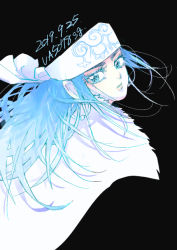 Rule 34 | 1girl, ainu, ainu clothes, asirpa, bandana, black background, blue eyes, blue hair, cape, commentary request, dated, ear piercing, earrings, eyebrows, from side, fur, fur cape, golden kamuy, headband, hoop earrings, jewelry, lips, long hair, looking at viewer, looking back, osmt328, parted lips, piercing, signature, simple background, solo, upper body, white bandana, white cape, white headband