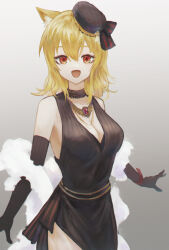Rule 34 | 1girl, :d, aiv, animal ear fluff, animal ears, arknights, black bow, black choker, black dress, black gloves, black hat, blonde hair, bow, breasts, choker, cleavage, commentary, cowboy shot, dress, elbow gloves, fascinator, feather boa, gloves, grey background, hat, hat bow, large breasts, looking at viewer, medium hair, official alternate costume, open mouth, orange eyes, sleeveless, sleeveless dress, smile, solo, sora (arknights), sora (melodiosa) (arknights), standing, wolf ears