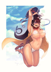 Rule 34 | 1girl, bead necklace, beads, bikini, breasts, cleavage, cloud, cloudy sky, collarbone, day, earrings, fate/grand order, fate (series), hair between eyes, hat, headpiece, hoop earrings, jewelry, jumping, large breasts, md5 mismatch, navel, necklace, open mouth, outdoors, purple eyes, resolution mismatch, revision, sandals, sky, sleeveless, source larger, sungwon, swimsuit, white bikini, xuangzang sanzang (fate)