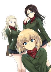 Rule 34 | 10s, 3girls, bad id, bad pixiv id, black hair, blonde hair, blue eyes, breasts, clara (girls und panzer), fang, fang out, girls und panzer, green jacket, highres, jacket, katyusha (girls und panzer), large breasts, long hair, long sleeves, looking at viewer, military, military uniform, multiple girls, nonna (girls und panzer), onsen man, parted bangs, russian text, school uniform, short hair, simple background, smile, turtleneck, uniform, white background