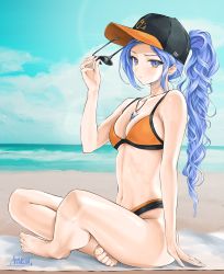 Rule 34 | 1girl, arm support, baltimore orioles, bare legs, barefoot, beach, bikini, blue eyes, blue hair, blue sky, breasts, chaesu, cleavage, cloud, commentary, day, unworn eyewear, hand up, highres, holding, holding removed eyewear, indian style, long hair, medium breasts, bae minah (chaesu), navel, ocean, original, ponytail, sitting, sky, solo, stomach, sunglasses, swimsuit, thighs, very long hair, water, whistle