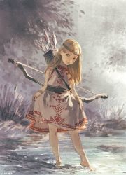 Rule 34 | absurdres, arrow (projectile), barefoot, blonde hair, bow, bow (weapon), brown eyes, dated, dress, head tilt, headband, highres, original, quiver, shallow water, signature, skirt hold, smile, solo, wading, water, weapon, zennosuke