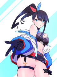 Rule 34 | 1girl, absurdres, bare shoulders, black gloves, black hair, blue background, blue eyes, blue jacket, blue ribbon, breasts, cleavage cutout, clothing cutout, cowboy shot, criss-cross halter, floating hair, gloves, gridman universe, hair behind ear, hair ornament, hair ribbon, halterneck, highres, holding, jacket, leg tattoo, logo, long hair, long sleeves, looking at viewer, medium breasts, microskirt, midriff, multicolored clothes, multicolored jacket, navel, nira (aoaoaccc), off shoulder, official alternate costume, parted lips, ponytail, red ribbon, ribbon, single sidelock, sitting, skindentation, skirt, smile, ssss.gridman, standing, stomach, takarada rikka, takarada rikka (solarain toys), tattoo, thick thighs, thigh strap, thighs, w, white background