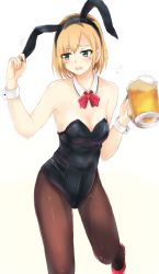 Rule 34 | 1girl, animal ears, beer mug, black hairband, black leotard, blonde hair, blush, bow, bowtie, breasts, brown pantyhose, cleavage, collarbone, cup, detached collar, embarrassed, fake animal ears, green eyes, hairband, high heels, holding, holding cup, leg up, leotard, looking away, medium breasts, miyamori aoi, mug, open mouth, pantyhose, playboy bunny, pumps, rabbit ears, red bow, red bowtie, red footwear, shirobako, short hair, simple background, solo, standing, standing on one leg, strapless, strapless leotard, tahita1874, white background, wing collar, wrist cuffs