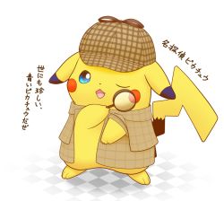 Rule 34 | clothed pokemon, coat, commentary request, creatures (company), deerstalker, detective pikachu, detective pikachu (character), detective pikachu (game), game freak, gen 1 pokemon, hat, magnifying glass, nintendo, no humans, one eye closed, pikachu, pokemon, pokemon (creature), tail, volchu
