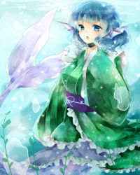 Rule 34 | 1girl, air bubble, blue eyes, blue hair, bubble, blowing bubbles, female focus, fins, head fins, japanese clothes, matching hair/eyes, mermaid, monster girl, open mouth, short hair, solo, touhou, u to4410, underwater, wakasagihime