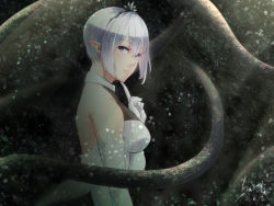 Rule 34 | 1girl, artist name, blurry, bokeh, breasts, dated, depth of field, dress, elbow gloves, gloves, hisayuki, looking at viewer, medium breasts, niggurath the ancient tree branch, outdoors, pixiv fantasia, pixiv fantasia last saga, pointy ears, purple eyes, short hair, solo, upper body, white dress, white gloves, white hair