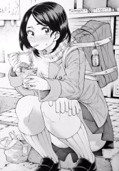 Rule 34 | 1girl, bad id, bad twitter id, bag, bag charm, blazer, blush, charm (object), chopsticks, cup, eating, full-face blush, greyscale, grocery bag, highres, holding, holding chopsticks, holding cup, jacket, kneehighs, loafers, looking at viewer, monochrome, nakajima ryou, nissin cup noodle, outdoors, ribbed legwear, scarf, school uniform, shoes, shopping bag, short hair, sitting, socks, solo, sweatdrop