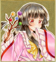 Rule 34 | 1girl, black hair, blunt bangs, blush, bow, branch, commentary request, graphite (medium), hair between eyes, highres, holding, holding branch, houraisan kaguya, jeweled branch of hourai, long hair, long sleeves, looking at viewer, marker (medium), nekofish666, pink shirt, portrait, red eyes, shirt, sidelocks, sleeves past wrists, smile, solo, touhou, traditional media, yellow bow