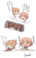 Rule 34 | 10s, 2girls, :d, ^ ^, artist name, brown eyes, brown hair, chopsticks, closed eyes, crying, crying with eyes open, dress, eating, closed eyes, fang, flying sweatdrops, folded ponytail, food, food in mouth, gale kawaii, grill, hair ornament, hairclip, ikazuchi (kancolle), inazuma (kancolle), kantai collection, long hair, meat, multiple girls, onion, open mouth, plate, ponytail, sailor collar, sailor dress, sausage, short hair, simple background, skin fang, smile, tears, translation request, wavy mouth, aged down