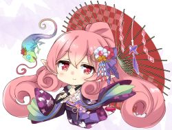 Rule 34 | 1girl, animal, black kimono, blush, chibi, closed mouth, commentary request, flower, full body, hair between eyes, hair flower, hair ornament, high ponytail, highres, hizuki yayoi, holding, holding umbrella, japanese clothes, kimono, long hair, long sleeves, looking at viewer, neneka (new year) (princess connect!), neneka (princess connect!), obi, oil-paper umbrella, pink hair, pointy ears, ponytail, princess connect!, red eyes, red flower, red umbrella, sash, smile, solo, umbrella, very long hair, white flower